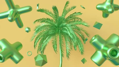 3D Animated Palm Tree with Floating Metallic Geometric Forms