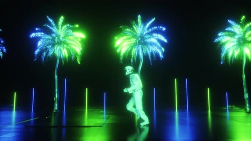 Un fond d'onde d'astronaute futuriste et de palmiers luminescents au néon