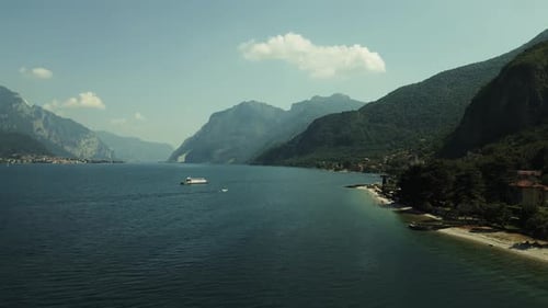 Aerial view of boat on Lake Como, Italy.