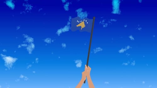 Hands Waving Animated Kosovo Flag in Blue Sky