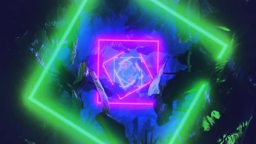 Abstract Neon Tunnel with Glowing Geometric Squares
