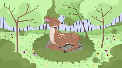 Fawn in spring forest grass 2D cartoon animation