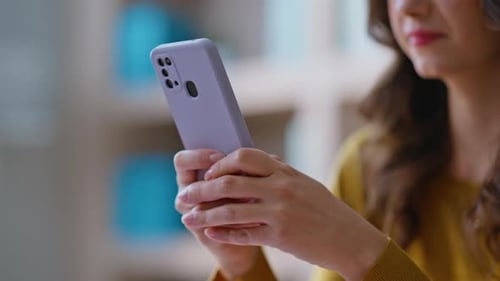 Lady Hands Texting Mobile Phone at Office Workplace Closeup Young Businesswoman