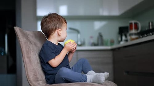 Sweet Child Eating Apple While Sitting in Chair