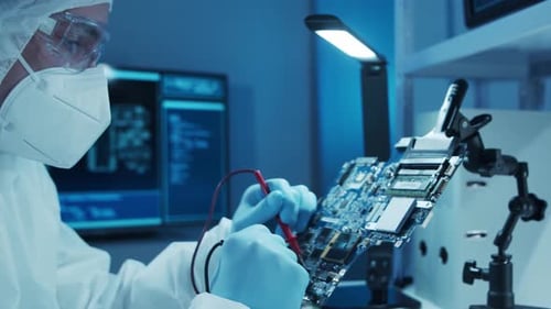 Microelectronics Engineer Works in a Modern Scientific Laboratory on Computing Systems and