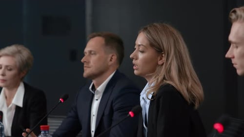 Speech of Political Speaker at Meeting Room of Modern Business Center. Woman