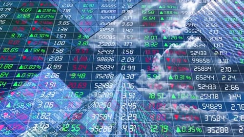 Digital Stock Market Data Display with Corporate City Background