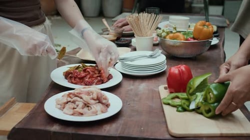 Preparing Meat Skewers and Slicing Green Pepper