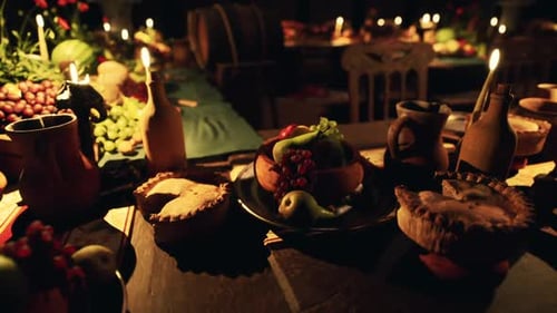 A Bountiful Feast on a Rustic Table Illuminated By Candlelight