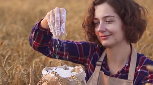 Portrait of a young smiling woman farmer in front of a ripe wheat field. Harvesting wheat producing