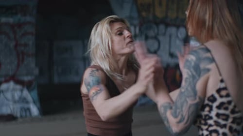 Women Pushing And Hair Pulling With Graffiti Walls As Backdrop