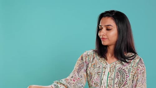 Woman Showing Empty Copy Space Doing Advertisement