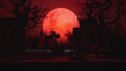 Spooky Graveyard and Dark Forest Silhouetted by a Massive Red Blood Moon