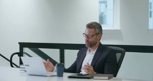 Business Man Talk on Web Camera Online Video Meeting Employee Talking on Video Conference in Office