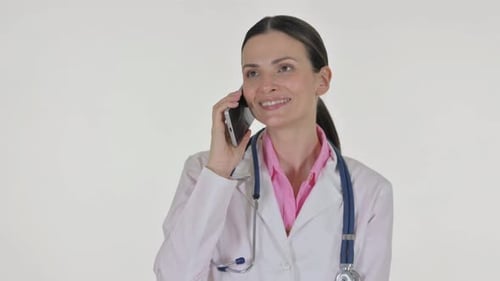 Woman Doctor Talking on Phone Wearing Lab Coat