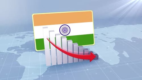 Flagge und Balkendiagramm Indiens mit sinkenden Werten, Konzept der Wirtschaftskrise