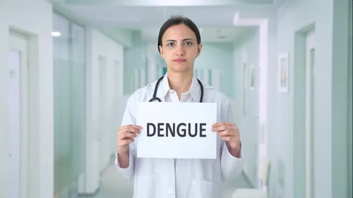 Young Adult Doctor Holds Dengue Sign in Hospital