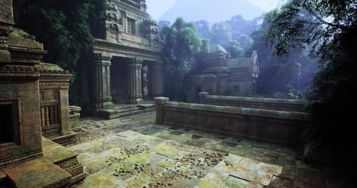 Ruines d'anciens temples entourées d'une jungle dense dans une lumière matinale brumeuse