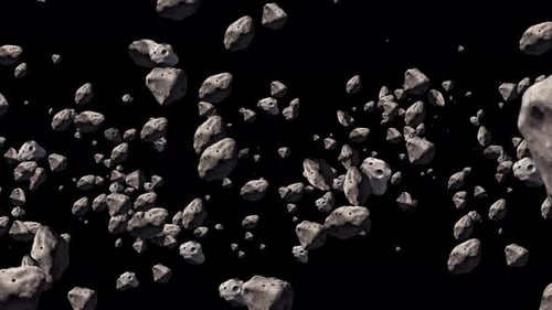 Metallic Rock Closeup View Flying On Black Background. Asteroids Flying In Dark Deep Space .