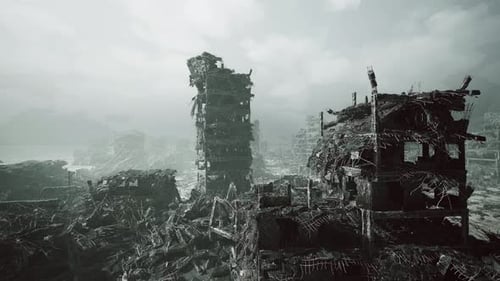 Desolate Urban Scene Transformed By Greenery and Gentle Morning Fog