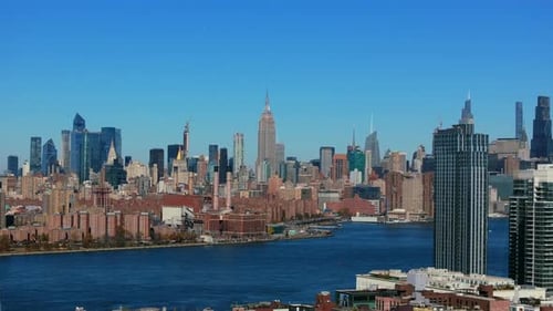 Aerial View of Lower Manhattan From Brooklyn New York City Williamsburg Bridge is Visible in the