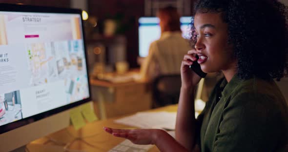 Phone call, computer and night with woman in office for networking ...