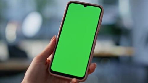 User Hand Holding Mockup Smartphone at Office Closeup Unrecognizable Woman