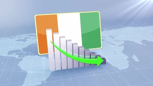 Ivory Coast Flag With Decrease Bar Chart Graph And Arrow Green