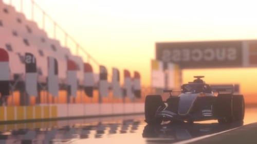 3D Animated Formula Race Car on Track at Sunset