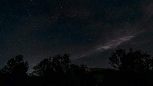 Zeitraffer von Sternen und Sternschnuppen, die sich über einem Wald am Himmel bewegen. Wolken, Meteore und Schnee