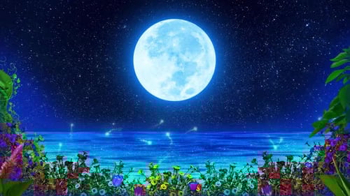 Full Moon Over Flowers And River