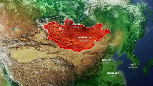 Global Map Zoom Animation Highlighting Mongolia and City Labels