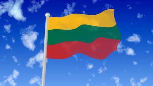Lithuanian Flag Waving on Flagpole with Blue Sky Background