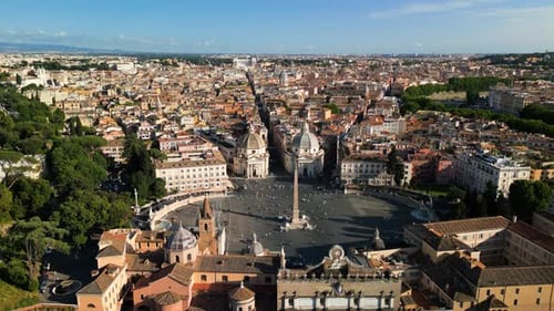 Cinematic Orbiting Drone Shot Above Piazza del Popolo. Historic Rome, Italy