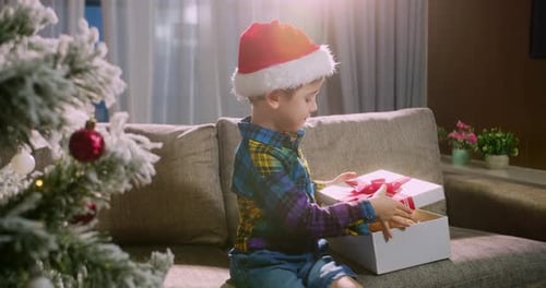 Boy Excitedly Opens Christmas Gift at Home