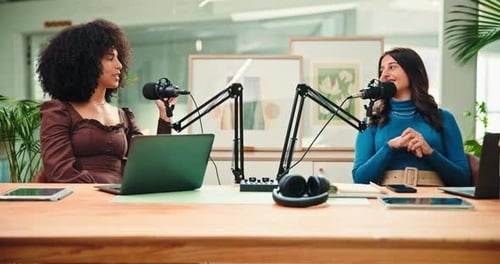 Women, podcast and discussion for interview with microphone, platform or questions for studio guest