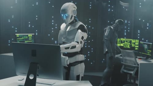 Futuristic Artificial Intelligence Technician Working on Realtime System Calibration and Diagnostics