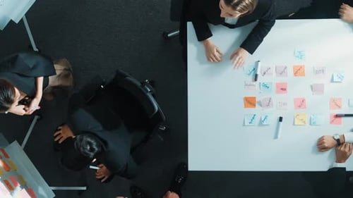 Top view of investor writing white board and putting hand together. Directorate.