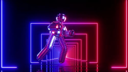 loop 3d animation, abstract metallic man dancing on the stage, endless tunnel illuminated