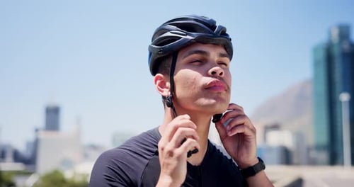 Cycling, athlete and fasten helmet in city for bicycle safety, triathlon exercise