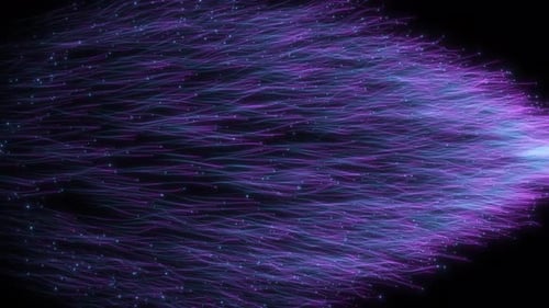 Abstract Blue Purple Optical Fiber Energy Stream with Glowing Particle Burst and Light Trail Motion