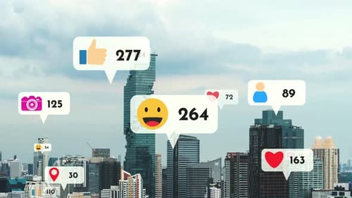 Social Media Icons Fly Over City Downtown Showing People Reciprocity Connection
