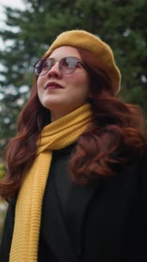 Autumn Stroll Redhead in Yellow Beret and Park Ambiance
