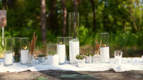 Wedding Party Banquet Outdoors in Pine Forest Dining Tables Decorated in Boho Style with Candles in