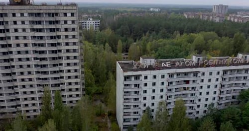 Abandoned Buildings Of Pripyat Ghost Town In Ukraine - Chernobyl Disaster - aerial drone