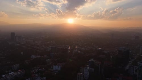 Drone shot at sunset over southern Mexico City