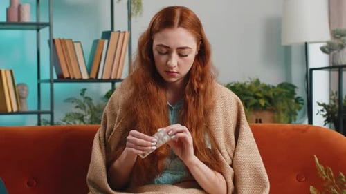 Woman Taking Pill with Water, Feeling Unwell