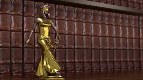 Justice goddess rises on pedestal, Themis, Femida with scales and a sword in his hands.