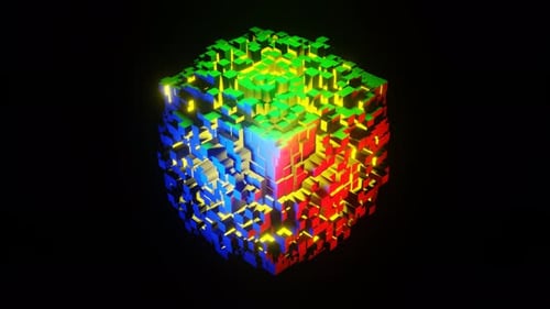 Abstract Digital Cube Rotating with Glowing Grid Animation