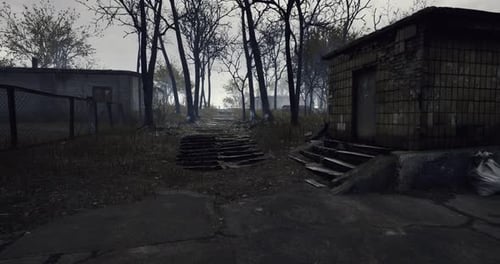 Desolate Pathways Through an Abandoned Village in Eerie Twilight Atmosphere